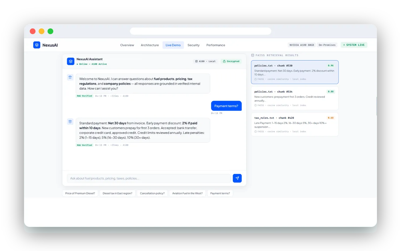 Nexus assistant answering a payment-terms question, with the retrieved document chunks and their relevance scores alongside