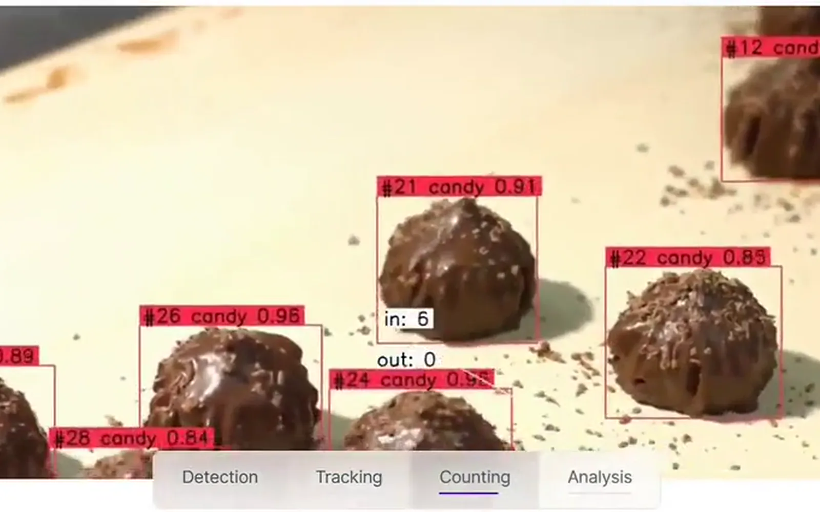 Candy Detection & Counting: Real-time detection and counting of confectionery on a moving conveyor, with every piece assigned an ID and counted exactly once.