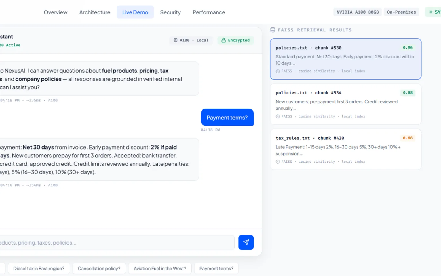 Nexus RAG Assistant: A retrieval-grounded assistant that answers from verified internal documents covering pricing, tax rules and policies, and shows its sources.